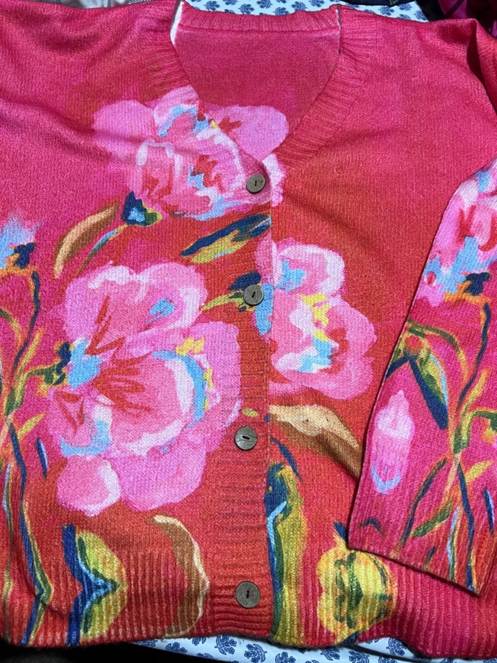 Bright Fuchsia Floral V-Neck Sweater Cardigan - Picture 6 of 6